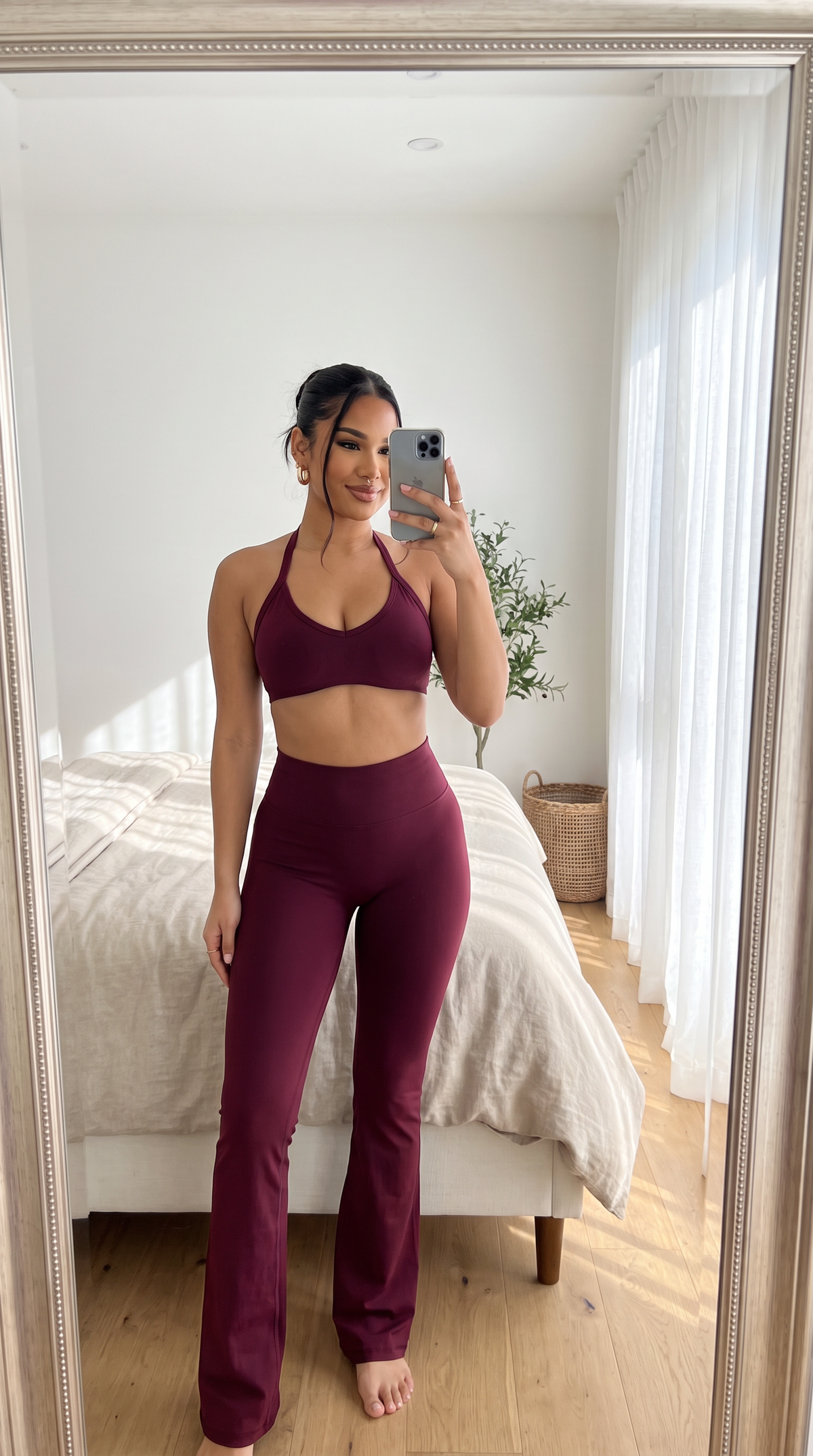 2Pcs Seamless Halter Neck Backless Padded Sports Bra Set Soft Wide Leg Hip Lifting Flare Yoga Pants Slim Fit Gym Workout Set